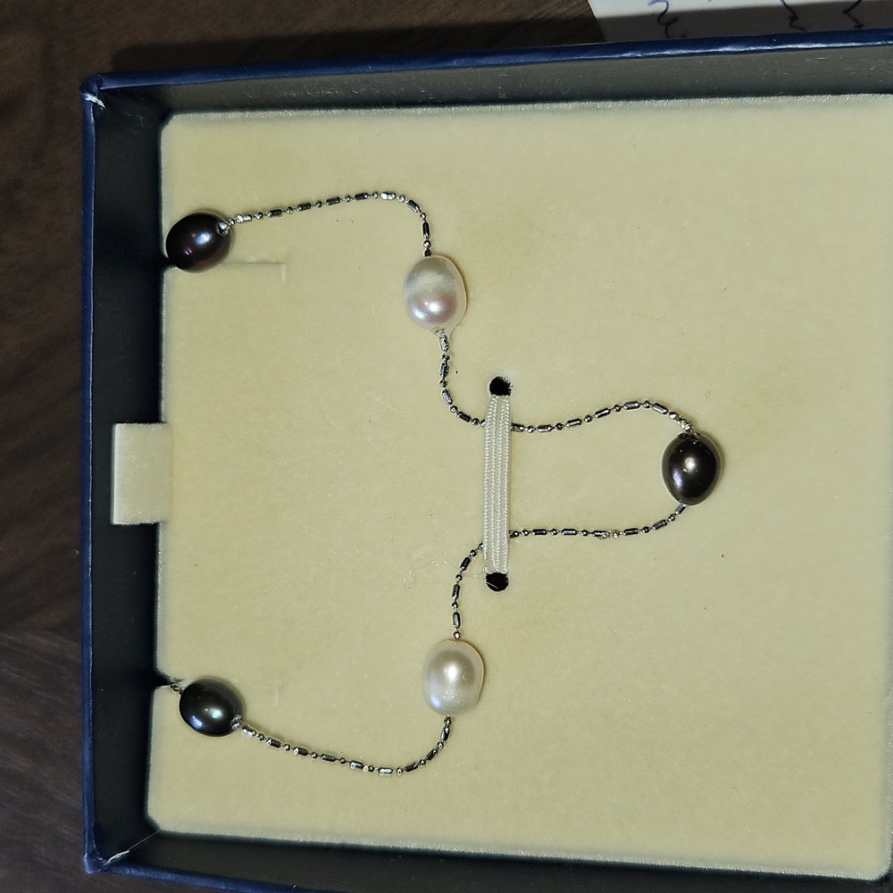 Black & White Freshwater Pearl Station Necklace 36in. Rodium Finish Chain - Picture 8 of 9